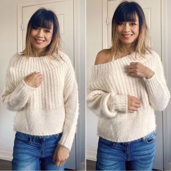 Love Tree Sweaters - Love Tree  - Eyelash Knit On Off Shoulder Cream off white sweater sz L